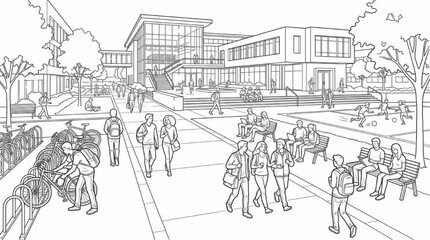 Obraz premium Vector line art perspective drawing of a modern university campus with students and lifestyle elements