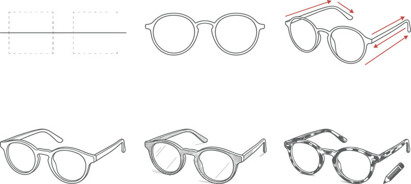 Eyeglasses drawing tutorial with step by step round glasses illustration process for fashion education optical branding and accessory design projects