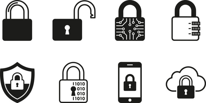 Cyber Security Padlock Vector Icon Set Featuring Locked Unlocked Circuit Combination Shield Binary Code Smartphone and Cloud Protection Symbols