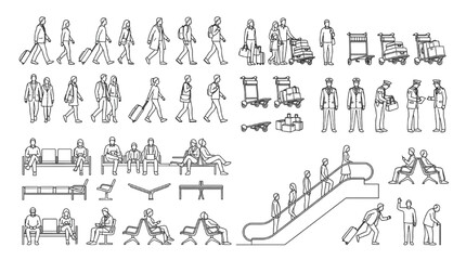 Obraz premium Vector airport terminal entourage elements with passengers crew and luggage trolleys