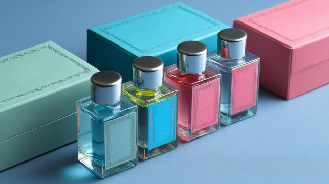 ow of colorful perfume bottles stands on blue background near gift boxes. Small perfume glass containers with bright liquid for fragrance sample. Elegant perfume set for beauty branding.