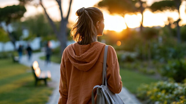 Rear view of a young woman walking alone through a park at sunset, park solitude concept, back view park photography, sunset alone lifestyle, defocused background, with copy space