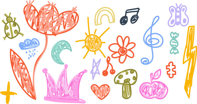 Set of cute colorful childish hand-drawn doodles and marker scribbles isolated on white background.A cheerful collection of vibrant, hand-drawn doodles resembling children's marker or crayon drawings.