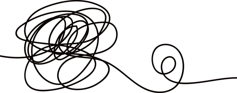 Continuous black line untangling from a chaotic messy knot into a small loop and smooth straight line. Conceptual illustration of simplification, psychotherapy, problem solving, and finding clarity.