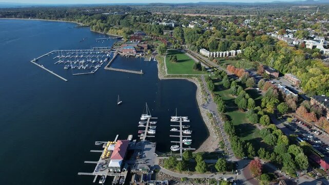 4k aerial over Lake Champlain Vermont boating dock