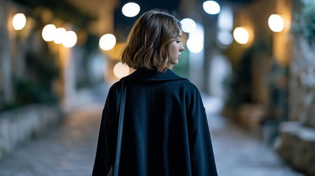 Rear view of a lonely woman walking in a dark alley at night afraid of being followed, urban crime awareness concept, dark alley walk photography, city danger visualization,