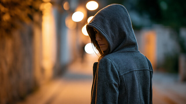 Rear view of a lonely woman walking in a dark alley at night afraid of being followed, urban crime awareness concept, dark alley walk photography, city danger visualization,