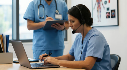 Obraz na płótnie Canvas Nurse wearing headset types on laptop, speaking with patient. Colleague in scrubs holds clipboard, takes notes. Medical office, telehealth call, remote consultation.