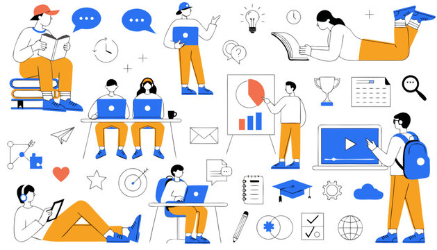 Online education and distant learning concept with students and digital learning tools.