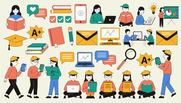 Online education learning symbols and student avatars flat line vector illustration set.