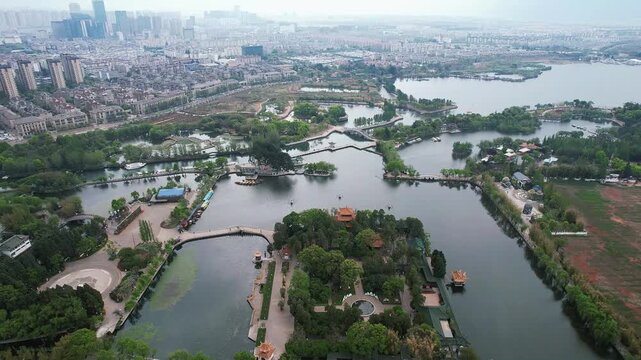 Aerial view of Xuanwu Lake Park and Nanjing city skyline in Xuanwu Lake Park, Nanjing, China