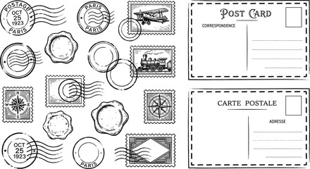 Vintage Postcard and Postage Stamp Vector Icon Set Featuring Paris Postmarks Wax Seals Retro Plane and Train Marks for Mail Graphic Design Projects © Sahina