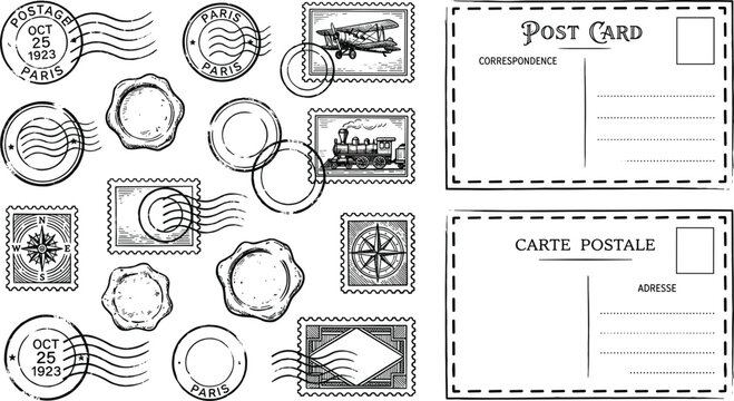 Vintage Postcard and Postage Stamp Vector Icon Set Featuring Paris Postmarks Wax Seals Retro Plane and Train Marks for Mail Graphic Design Projects