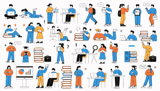 Varied characters interacting with technology and educational materials for learning.