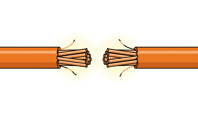 Two ends of a broken orange electrical cable with exposed copper wires create bright sparks against a white background.