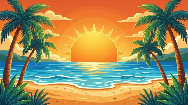 Sun setting over ocean with palm trees framing sandy beach