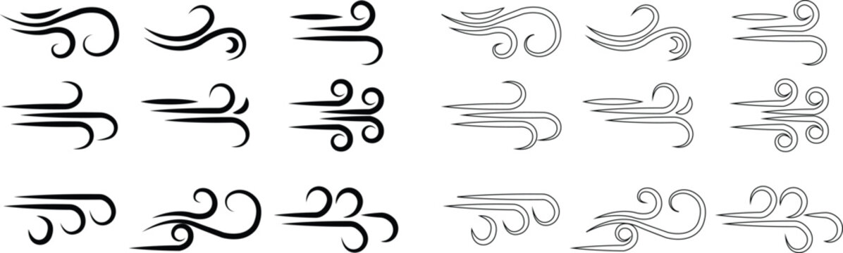 Black Wind Breeze Swirl Icon Set Collection Group in Flat Line Style, Air Flow Symbol Pack with Abstract Curved Gust Shapes, Minimal Outline Weather Elements and Motion Lines Vector Illustration