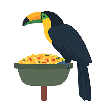 Toucan bird eating from bowl.