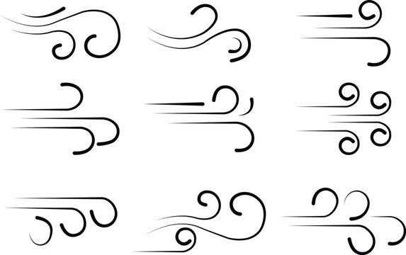 Black Wind Breeze Swirl Icon Set Collection Group in Flat Line Style, Air Flow Symbol Pack with Abstract Curved Gust Shapes, Minimal Outline Weather Elements and Motion Lines Vector Illustration