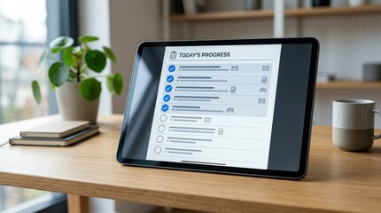 Fototapeta premium Digital checklist on a modern tablet screen with several completed tasks and blue checkmarks in a minimalist office setting. The