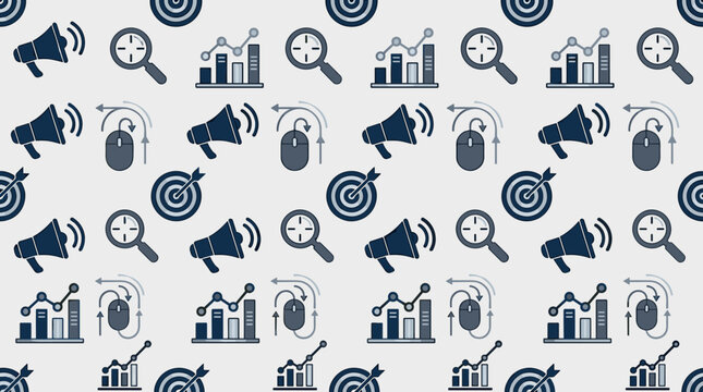 Digital marketing tools and modern advertising icons arranged in a seamless repeating pattern for corporate background use.