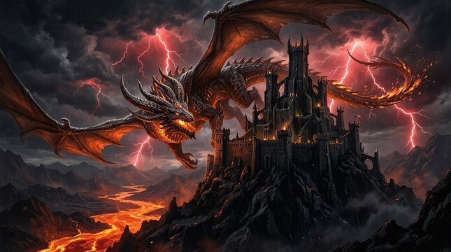 Fantasy scene of a fire dragon circling a dark mountain fortress during a violent thunderstorm with red lightning. The dragon's