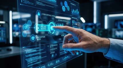 Fototapeta premium Close-up of a human hand interacting with a glowing virtual interface featuring futuristic holographic icons and data streams. The