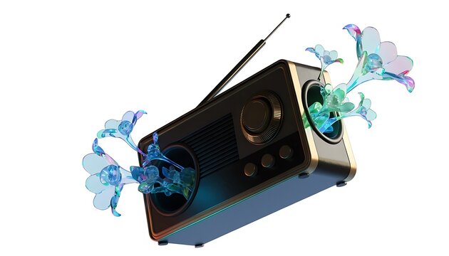 Vintage Radio Emitting Holographic Waves on White Background