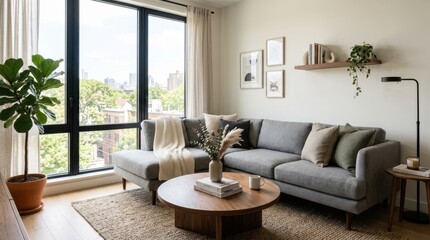 Fototapeta premium Modern living room interior with a comfortable gray sofa and a stylish wooden coffee table, large window with natural light,