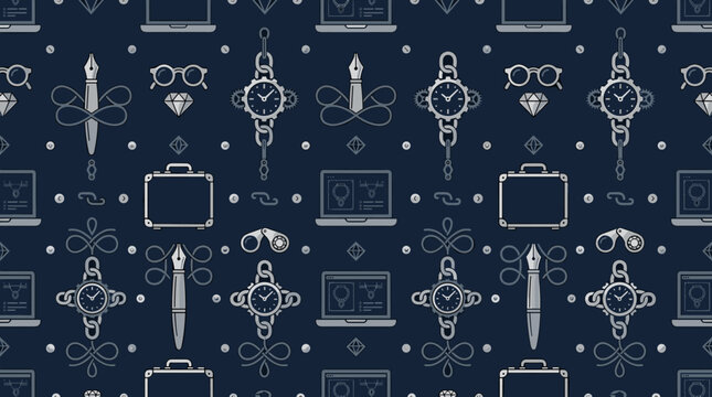 Jewelry making metaphors and artisanal system symbols arranged in a sophisticated seamless repeating pattern for corporate themes.
