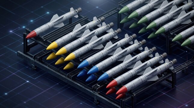 Rows of missiles with colored tips arranged on a digital grid background