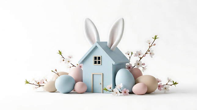 Decorative blue wooden house with bunny ears and pastel colored easter eggs surrounded by spring flowers on white background
