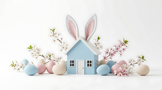 Small blue wooden house model with bunny ears surrounded by pastel colored easter eggs and blooming cherry blossom branches