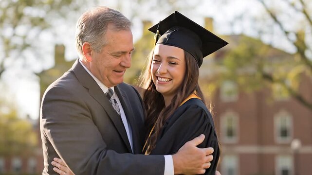 graduation dress for dad Proud father hugging his daughter after university ceremony. Happy young graduate woman in cap and gown celebrating academic achievement with her parent group-637
