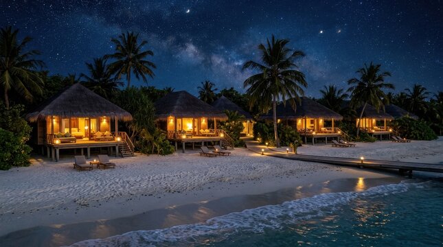 Tropical bungalows lit up at night with warm yellow lamps, situated on a beach under a canopy of stars. The palm trees are