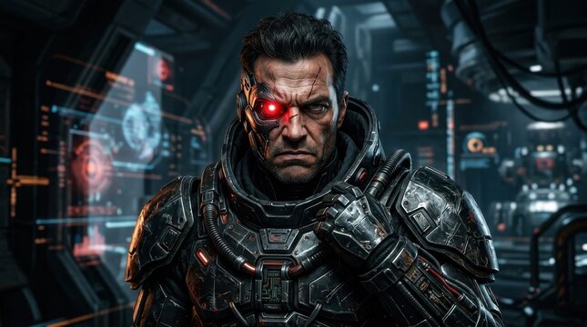 Intense portrait capturing a dark villain character with an angular face, dramatic features, and a single brightly glowing red