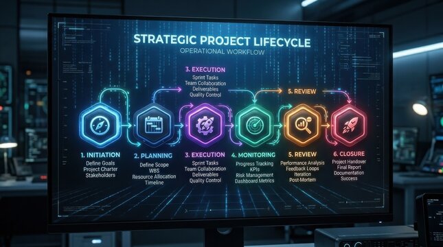 Strategic project lifecycle operational workflow diagram on a futuristic screen