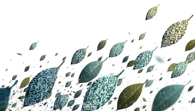 Floating autumn leaves with digital QR code patterns on white background minimalist design
