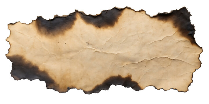 Aged and burnt paper fragment with charred edges, showcasing a textured surface with a vintage feel burnt edges isolated on a transparent background
