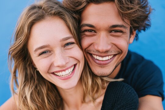 Stylish young interracial couple smiling and embracing against a vibrant blue background, showcasing their joyful connection and modern fashion choices