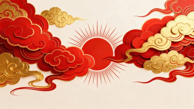 Red and gold clouds with sun design