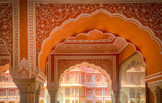 Ornate interior of a historic palace in Jaipur, India.