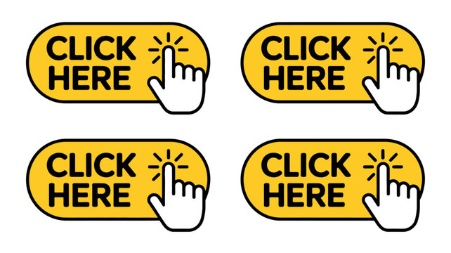 Yellow click here button with finger icon and light bulb symbol