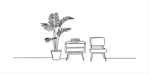 Single line drawing of a potted plant next to a small table with books and a chair Vector, illustration © Pabon Art Gallery