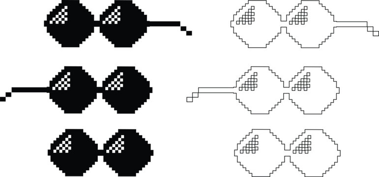 Pixel sunglasses icons set, retro pixelated glasses collection, meme and cool accessory vector illustration, black flat style design, digital 8-bit shades set on transparent background