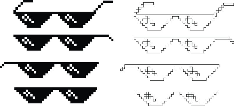Pixel sunglasses icons set, retro pixelated glasses collection, meme and cool accessory vector illustration, black flat style design, digital 8-bit shades set on transparent background