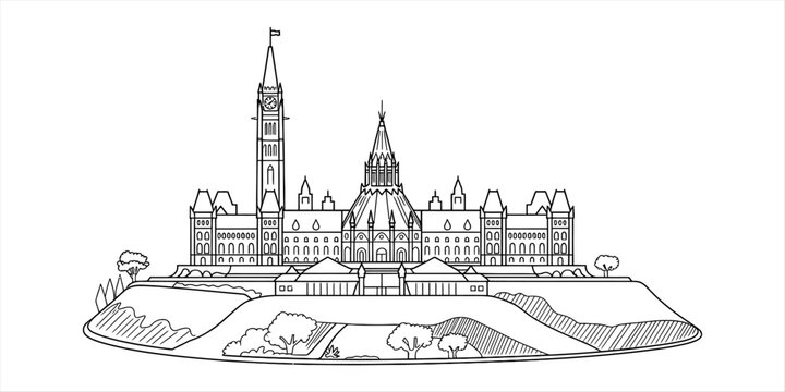 Detailed line drawing sketch of the parliament buildings in ottawa, canada, with a clock tower and dome, set on a hill with trees and a garden. Vector, illustration