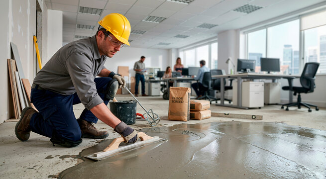 Builder applying floor screed in a modern office. Construction worker leveling concrete floor. Office renovation and repair theme