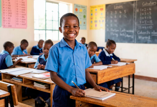 Smiling African boy student in a blue uniform standing in a classroom. Education and learning in Africa concept. Young pupil at a desk with classmates in the background