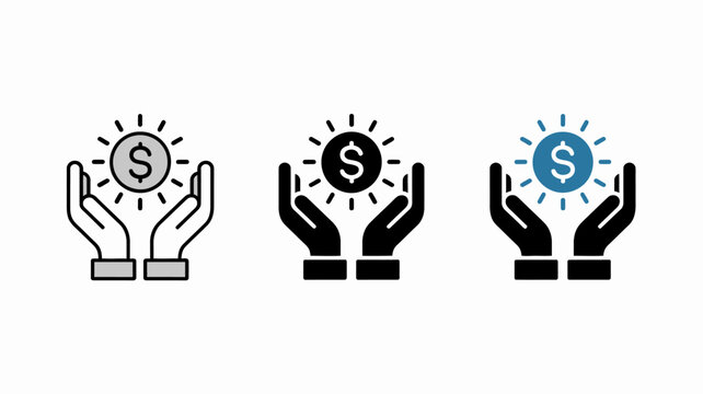 Hands holding glowing dollar sign coins with light rays in a modern style illustration